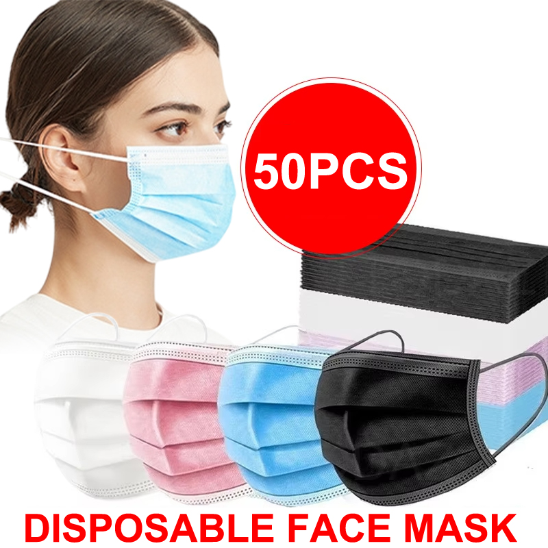 Black Face Mask Pack - 50Pcs 3-layer Mask Face Masks Melt