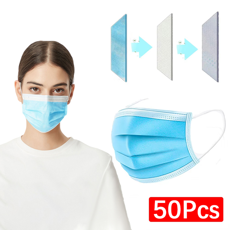 50Pcs Unisex 3-layer Mask Face - Disposable Mask Blue 评论和价格
